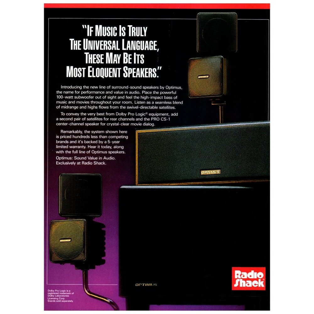 1993 Radio Shack Optimus Surround Sound Speakers System Vintage Print Ad 90s Art